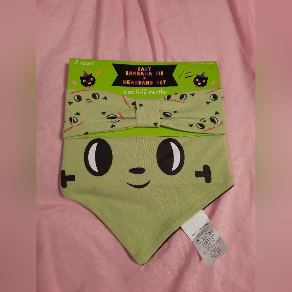 Baby 1st Halloween Bandana Bib Headband Set Gertex 0-12 Months Frankenstein
